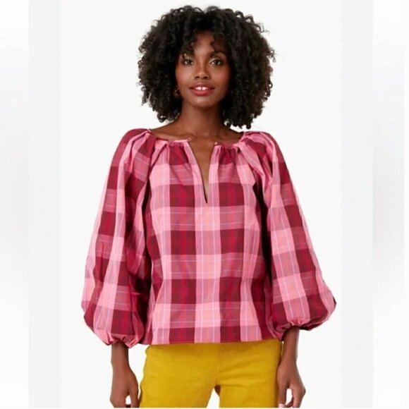 Kate Spade Greenhouse Plaid Top Long Sleeve Pink Red NWT Size Large - Picture 1 of 13